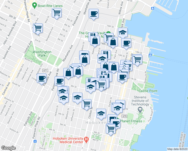 map of restaurants, bars, coffee shops, grocery stores, and more near 1035 Grand Street in Hoboken