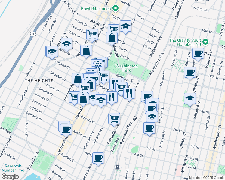 map of restaurants, bars, coffee shops, grocery stores, and more near 288 Sherman Avenue in Jersey City