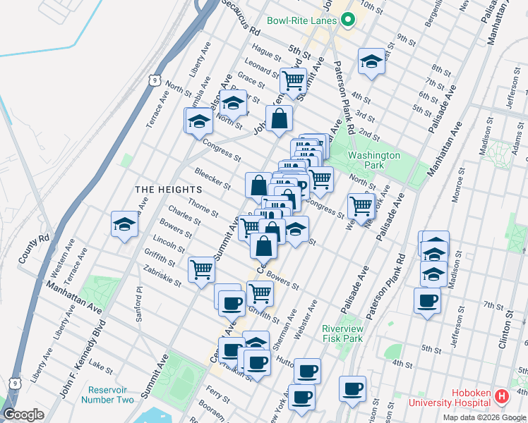 map of restaurants, bars, coffee shops, grocery stores, and more near 21 Paterson Street in Jersey City