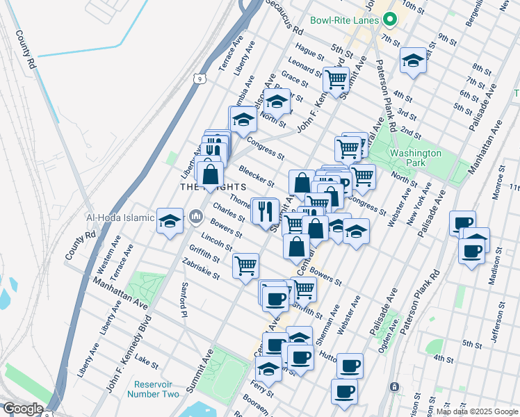 map of restaurants, bars, coffee shops, grocery stores, and more near 186-188 South Street in Jersey City