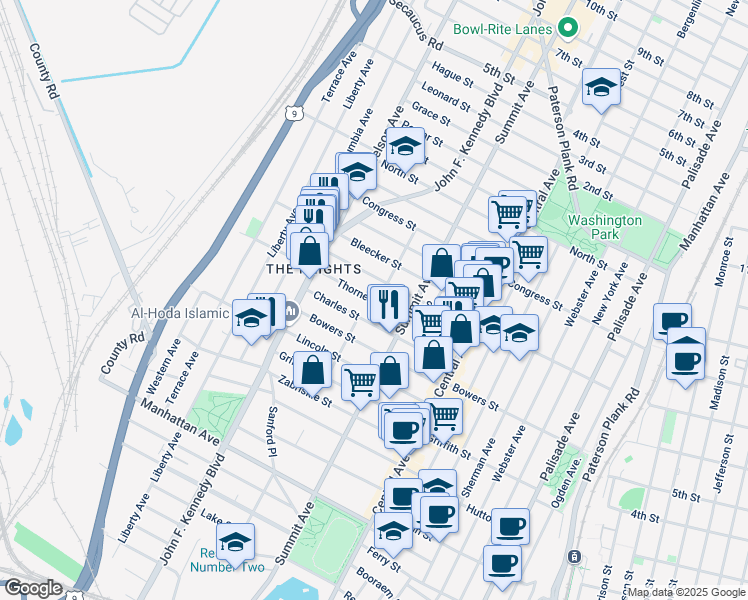 map of restaurants, bars, coffee shops, grocery stores, and more near 106 Thorne Street in Jersey City