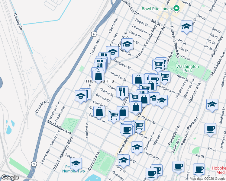 map of restaurants, bars, coffee shops, grocery stores, and more near 106 Thorne Street in Jersey City