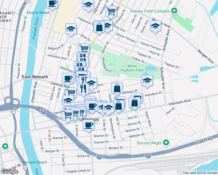 map of restaurants, bars, coffee shops, grocery stores, and more near 524 Central Avenue in Harrison