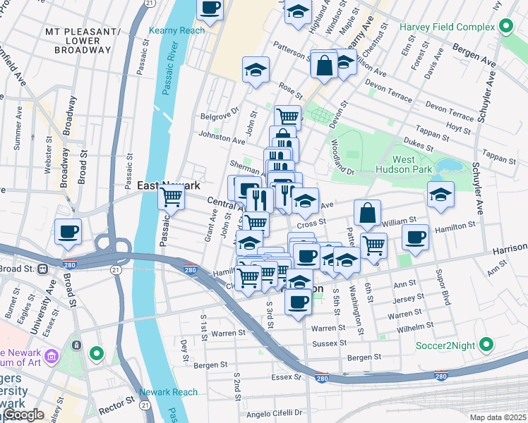 map of restaurants, bars, coffee shops, grocery stores, and more near 509 North 3rd Street in East Newark
