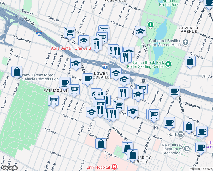 map of restaurants, bars, coffee shops, grocery stores, and more near in Newark