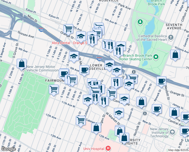 map of restaurants, bars, coffee shops, grocery stores, and more near 63 North 6th Street in Newark