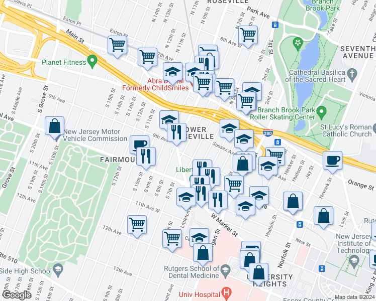 map of restaurants, bars, coffee shops, grocery stores, and more near 26 North 7th Street in Newark