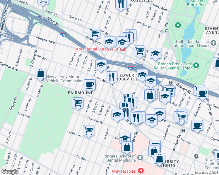 map of restaurants, bars, coffee shops, grocery stores, and more near in Newark