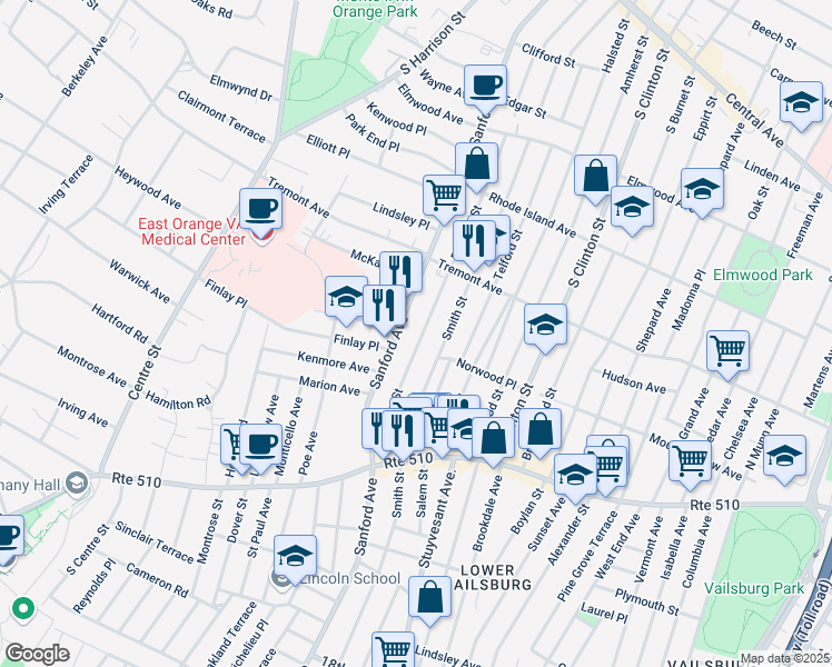 map of restaurants, bars, coffee shops, grocery stores, and more near 312 Sanford Avenue in Newark