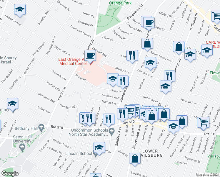 map of restaurants, bars, coffee shops, grocery stores, and more near 52 Lanark Avenue in Newark