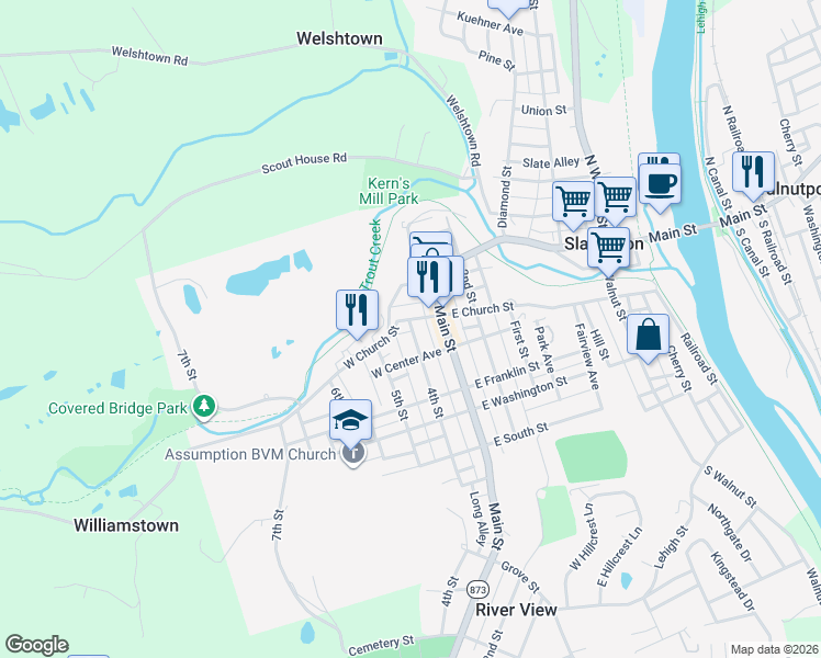 map of restaurants, bars, coffee shops, grocery stores, and more near 318 West Church Street in Slatington
