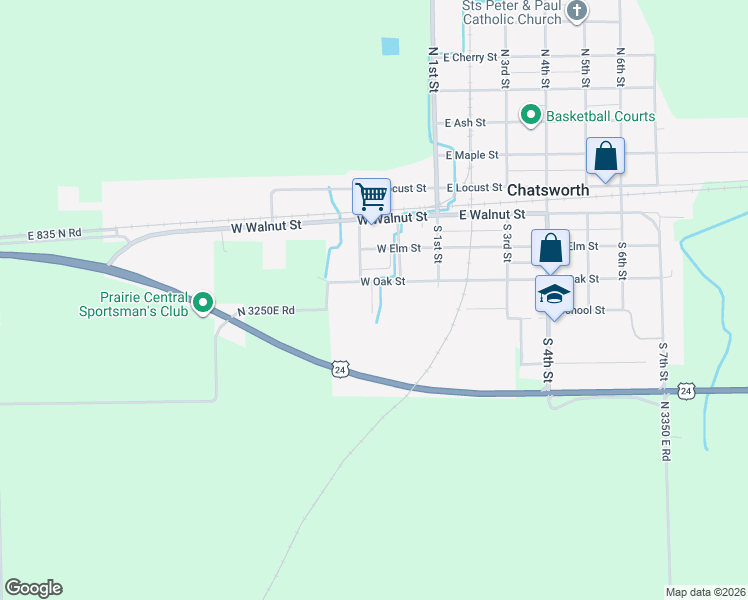 map of restaurants, bars, coffee shops, grocery stores, and more near West Oak Street in Chatsworth