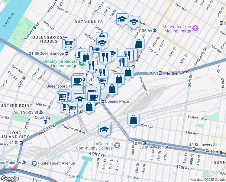 map of restaurants, bars, coffee shops, grocery stores, and more near 37 Northern Boulevard in Queens
