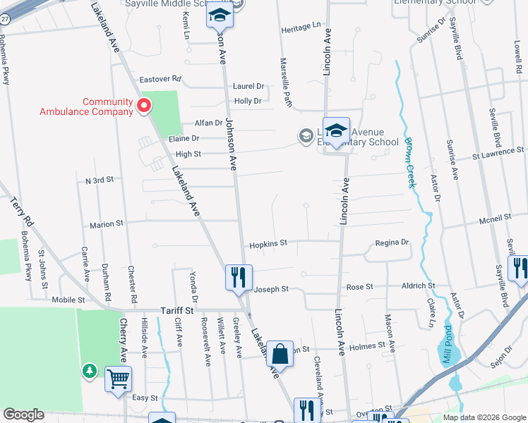 map of restaurants, bars, coffee shops, grocery stores, and more near 18 Neel Court in Sayville