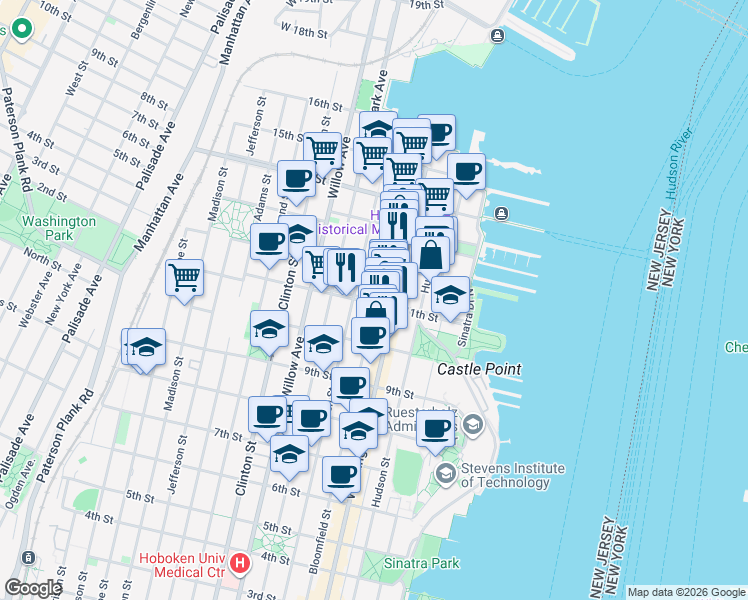 map of restaurants, bars, coffee shops, grocery stores, and more near Bloomfield Street & 11th Street in Hoboken