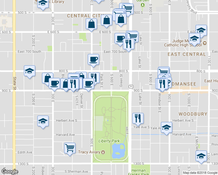 map of restaurants, bars, coffee shops, grocery stores, and more near 575 900 South in Salt Lake City