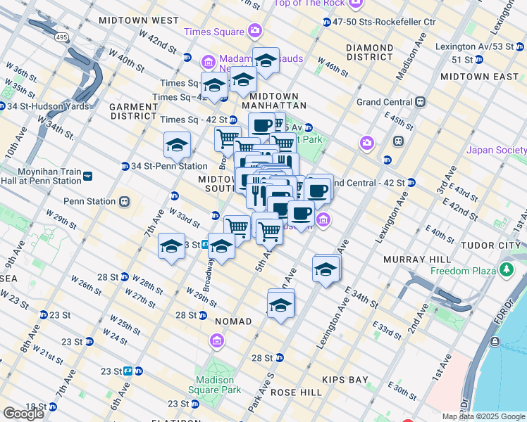 map of restaurants, bars, coffee shops, grocery stores, and more near 15 West 36th Street in New York