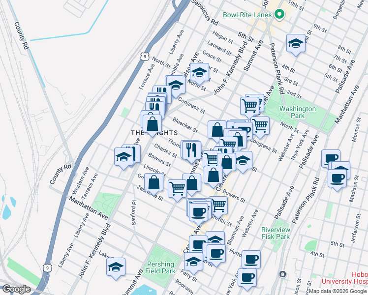map of restaurants, bars, coffee shops, grocery stores, and more near 106 Thorne Street in Jersey City