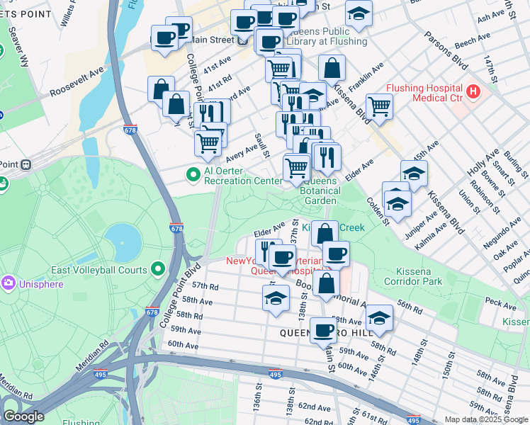 map of restaurants, bars, coffee shops, grocery stores, and more near 43-50 Main Street in Queens