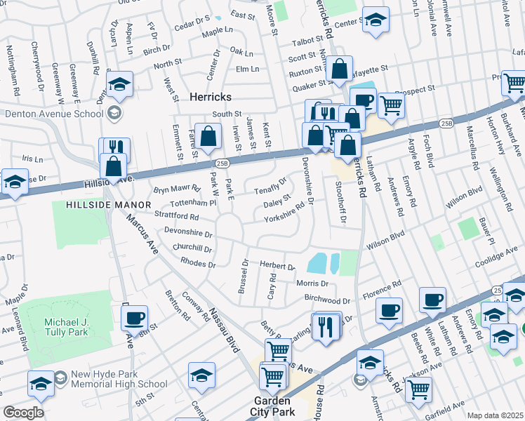 map of restaurants, bars, coffee shops, grocery stores, and more near 33 Daley Street in New Hyde Park