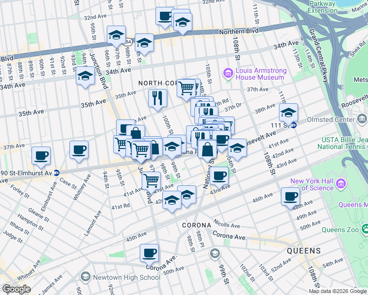 map of restaurants, bars, coffee shops, grocery stores, and more near 38-7 100th Street in Queens