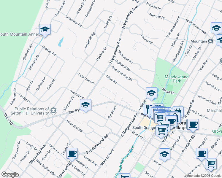 map of restaurants, bars, coffee shops, grocery stores, and more near 29 Hart Drive South in South Orange