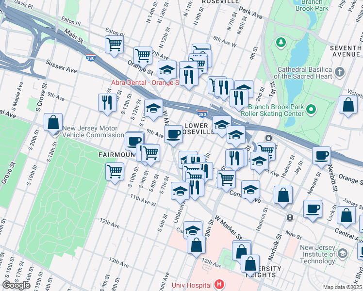 map of restaurants, bars, coffee shops, grocery stores, and more near 26 North 7th Street in Newark
