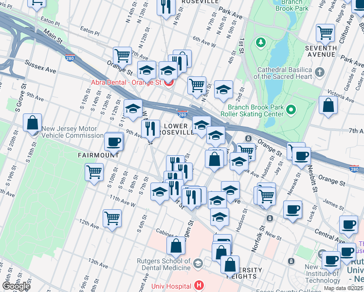 map of restaurants, bars, coffee shops, grocery stores, and more near 67 North 5th Street in Newark