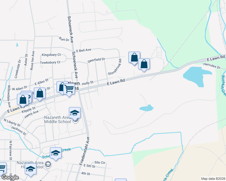 map of restaurants, bars, coffee shops, grocery stores, and more near 512 East Lawn Road in Nazareth