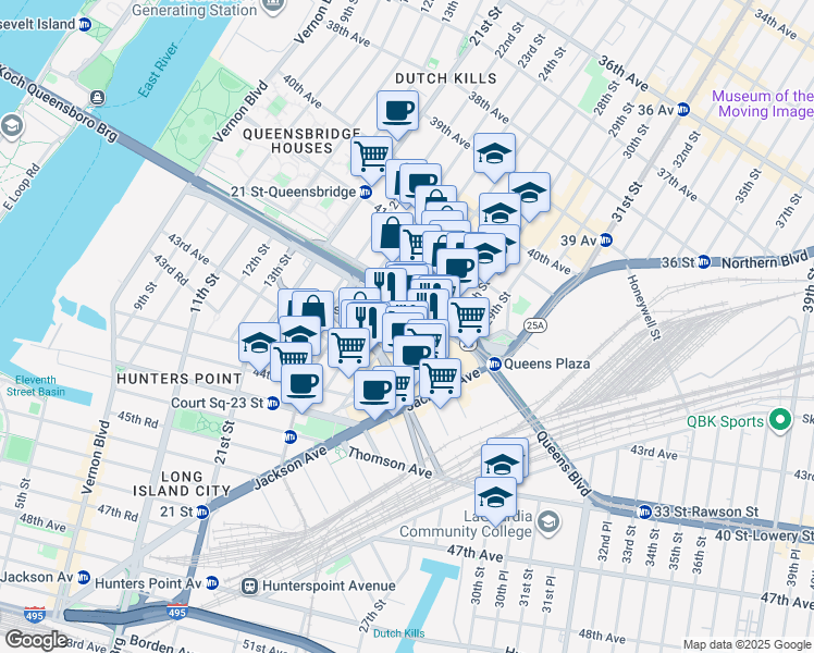 map of restaurants, bars, coffee shops, grocery stores, and more near 25-14 Queens Plaza South in Queens