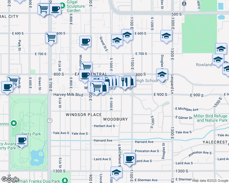 map of restaurants, bars, coffee shops, grocery stores, and more near 1007 East 900 South in Salt Lake City