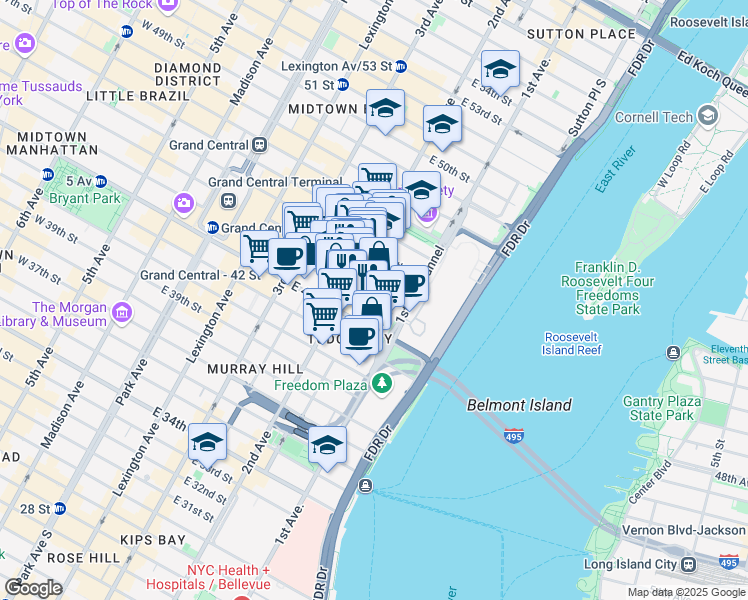 map of restaurants, bars, coffee shops, grocery stores, and more near 303 East 43rd Street in New York