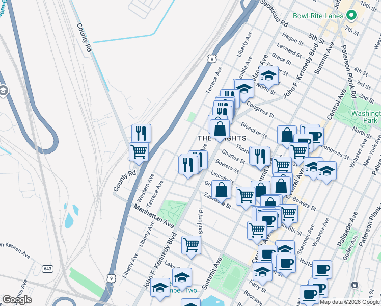 map of restaurants, bars, coffee shops, grocery stores, and more near 403 County Road 647 in Jersey City