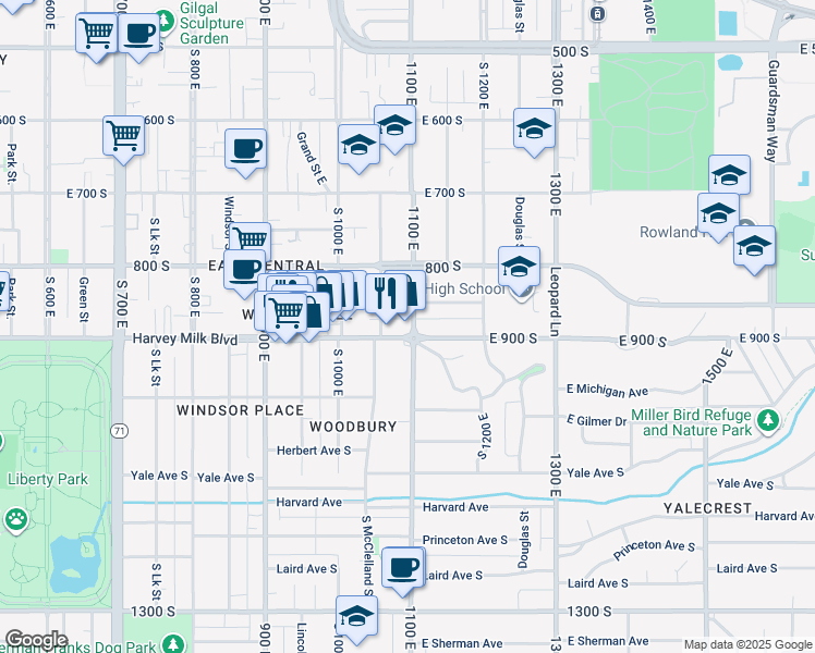 map of restaurants, bars, coffee shops, grocery stores, and more near 859 South 1100 East in Salt Lake City