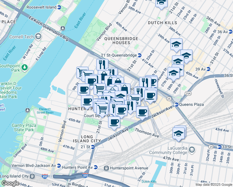 map of restaurants, bars, coffee shops, grocery stores, and more near 21-10 43rd Avenue in Queens