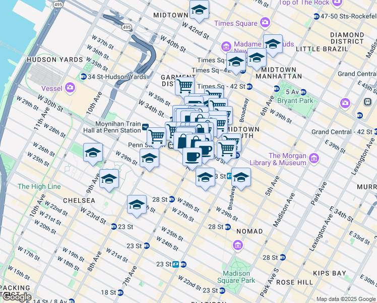 map of restaurants, bars, coffee shops, grocery stores, and more near 232 West 33rd Street in New York
