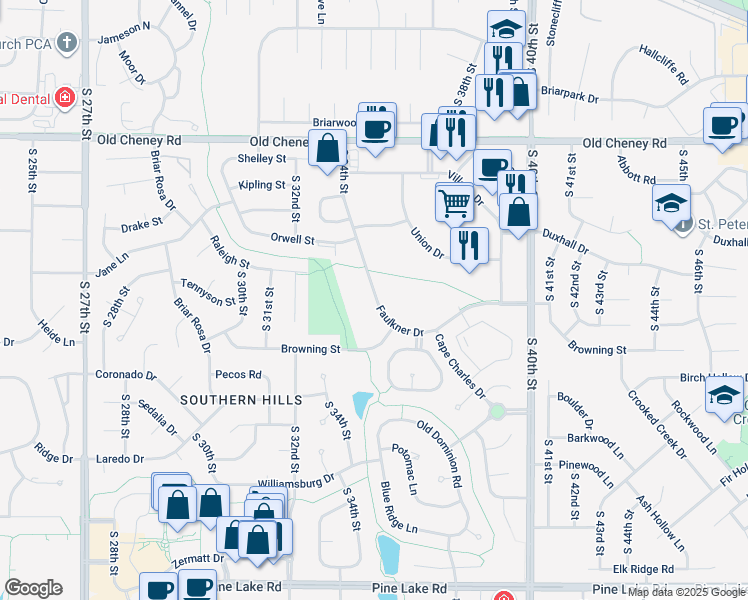 map of restaurants, bars, coffee shops, grocery stores, and more near 6105 South 34th Street in Lincoln