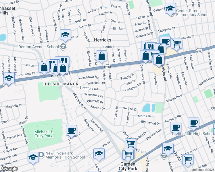 map of restaurants, bars, coffee shops, grocery stores, and more near 29 Park West in New Hyde Park
