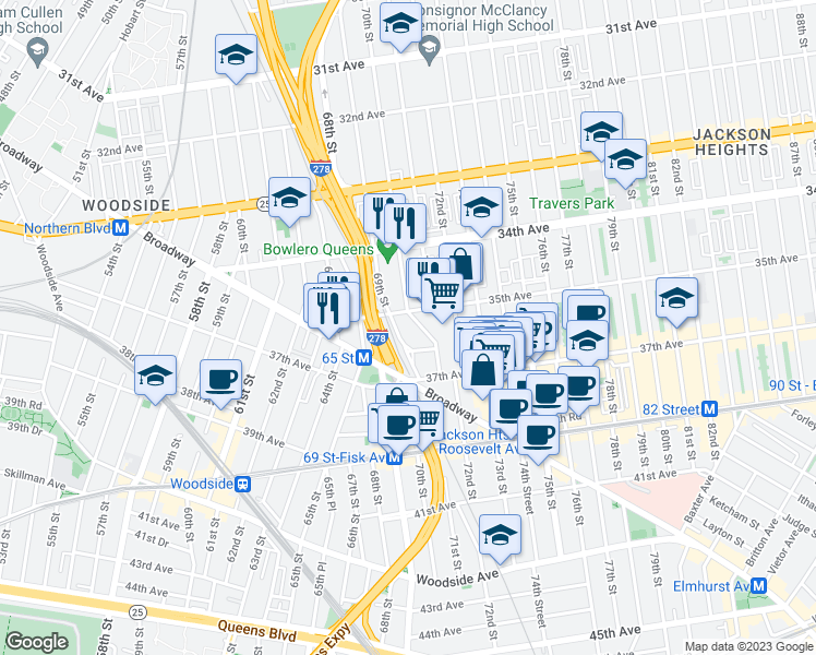 map of restaurants, bars, coffee shops, grocery stores, and more near 69-2 35th Avenue in Queens