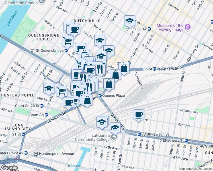 map of restaurants, bars, coffee shops, grocery stores, and more near 29-37 41st Avenue in Queens