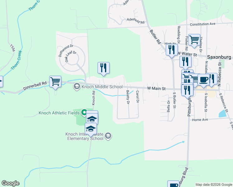 map of restaurants, bars, coffee shops, grocery stores, and more near 257 Carol Drive in Saxonburg