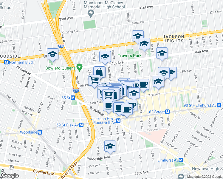 map of restaurants, bars, coffee shops, grocery stores, and more near 74th Street in Queens
