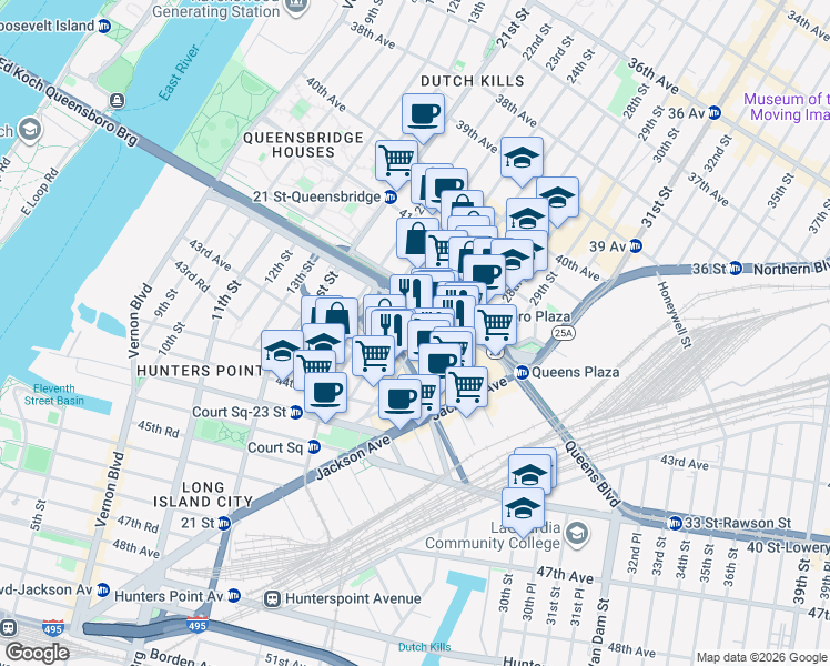 map of restaurants, bars, coffee shops, grocery stores, and more near 42-22 Crescent Street in Queens