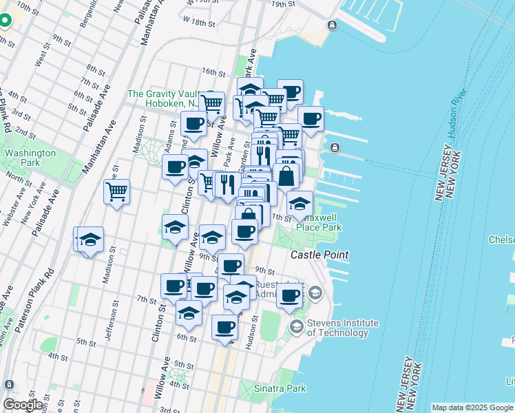 map of restaurants, bars, coffee shops, grocery stores, and more near 1100 Washington Street in Hoboken