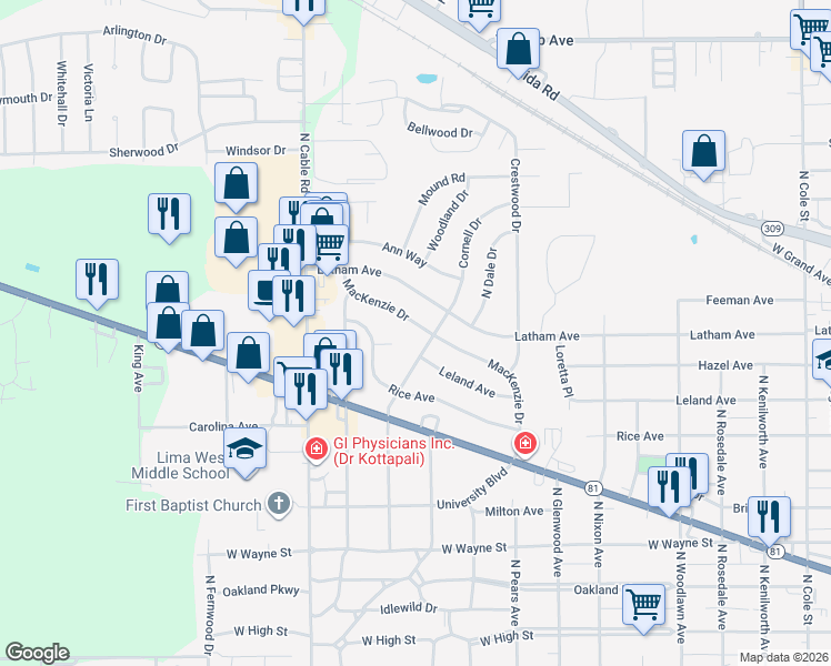 map of restaurants, bars, coffee shops, grocery stores, and more near 810 MacKenzie Dr in Lima