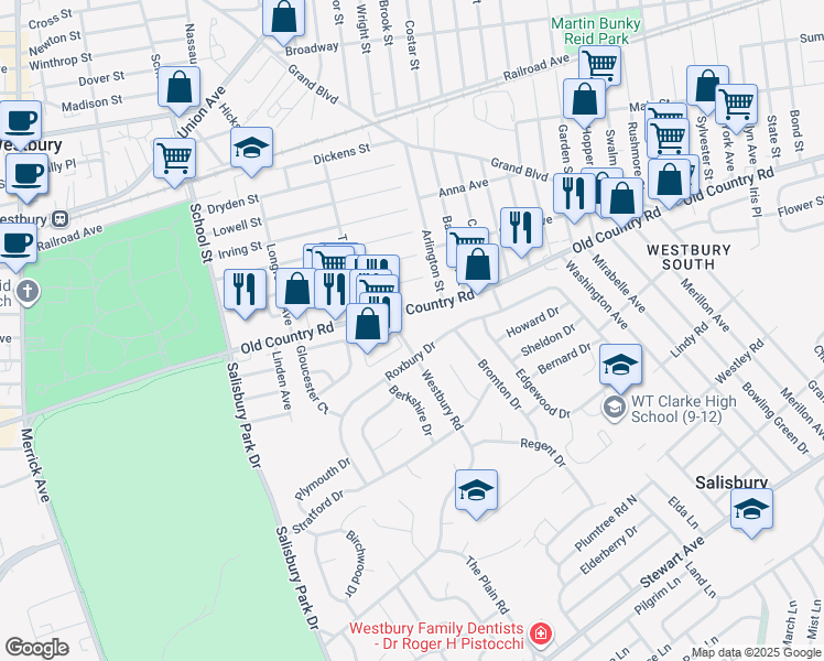 map of restaurants, bars, coffee shops, grocery stores, and more near 680-700 Old Country Road in Westbury