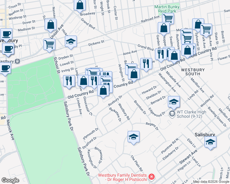 map of restaurants, bars, coffee shops, grocery stores, and more near 680-700 Old Country Road in Westbury