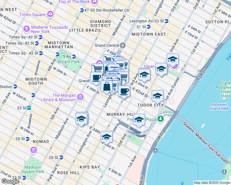 map of restaurants, bars, coffee shops, grocery stores, and more near 355 Lexington Avenue in New York