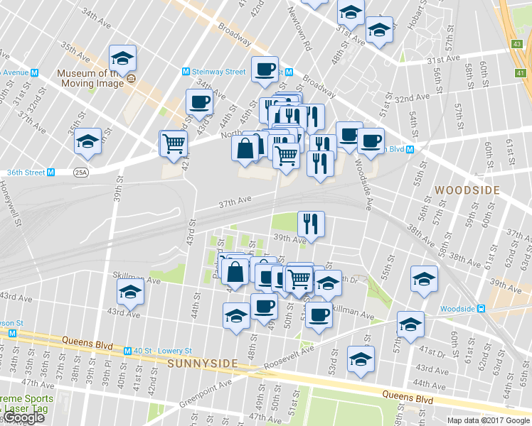 map of restaurants, bars, coffee shops, grocery stores, and more near 47-15 Barnett Avenue in Queens