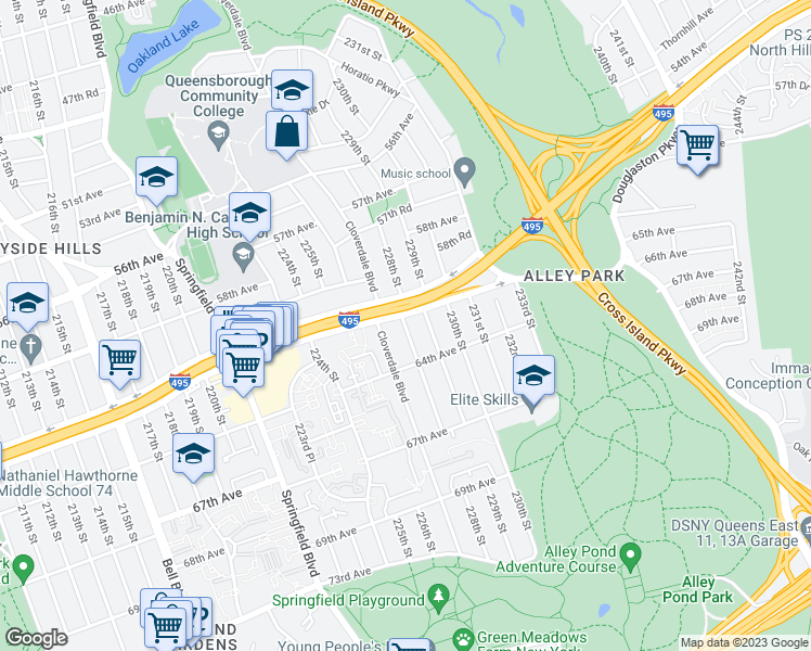 map of restaurants, bars, coffee shops, grocery stores, and more near 61-7 228th Street in Queens